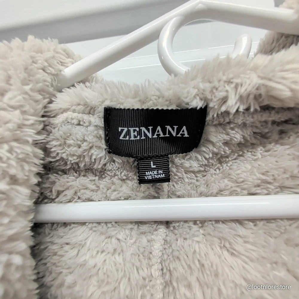 Zenana Women's Large Grey Sherpa Hooded Cardigan Open Front‎ Fleece Jacket